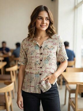 Cream Printed Short-Sleeve Button-Down Shirt